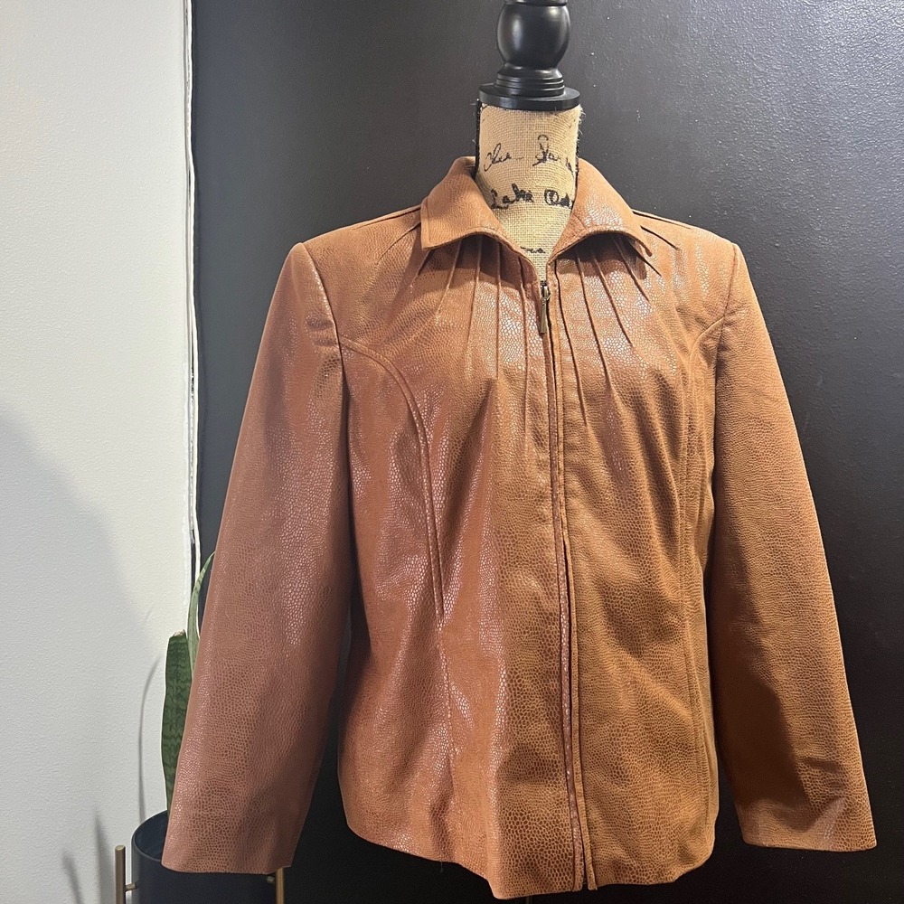 Kim Rogers 14P Petite Women's Brown Textured Collared Zip Up Jacket Coat